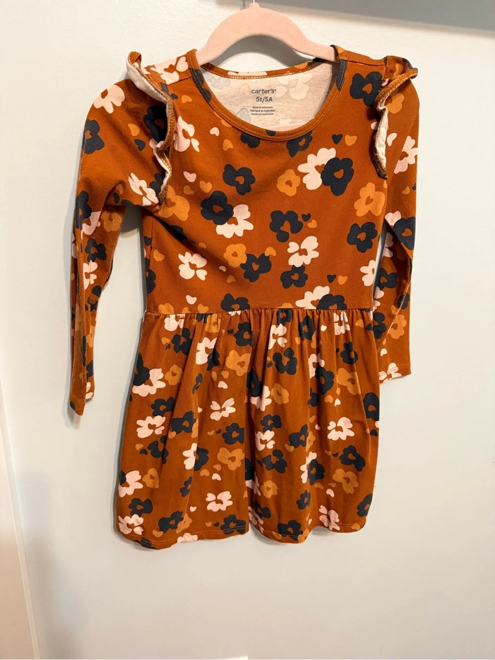 Carter's Rust Floral Long-Sleeve Ruffle Dress with Navy & Blush Prints